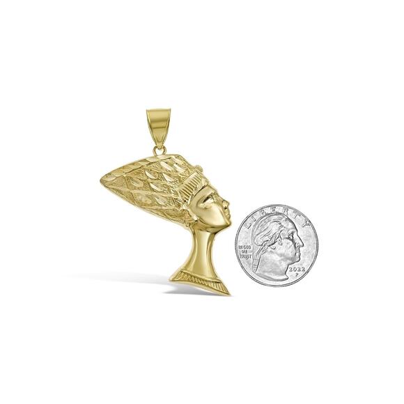 Egyptian Queen Nefertiti Pendant 10k Yellow Gold Mens Charm 2.1" - Picture 4 of 4